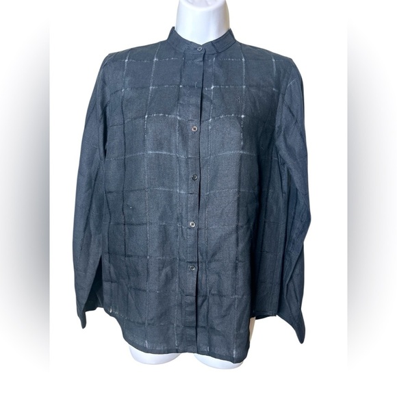 LRL 100% Black Linen Blouse Button Down Mandarin Collar Women’s PS Roll Tab Work - Picture 1 of 11